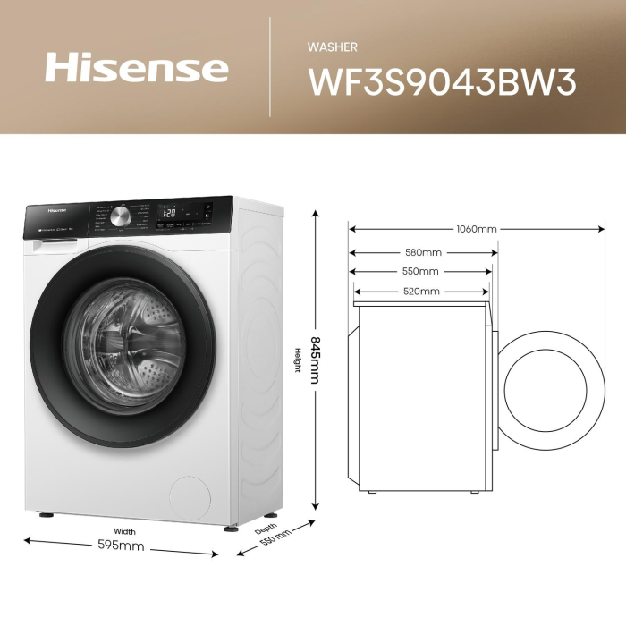 Hisense WF3S9043BW3 9kg 1400 Spin Washing Machine