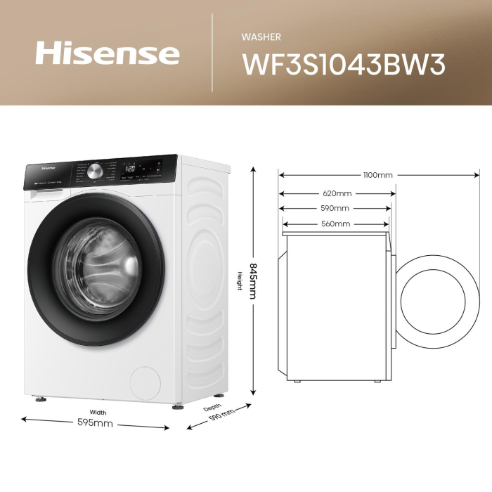 Hisense WF3S1043BW3 10.5kg 1400 Spin Washing Machine