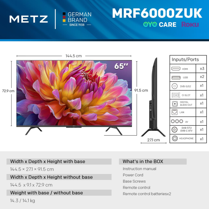 Metz 65MRF6000ZUK 65inch 4K Smart TV in Black Finish